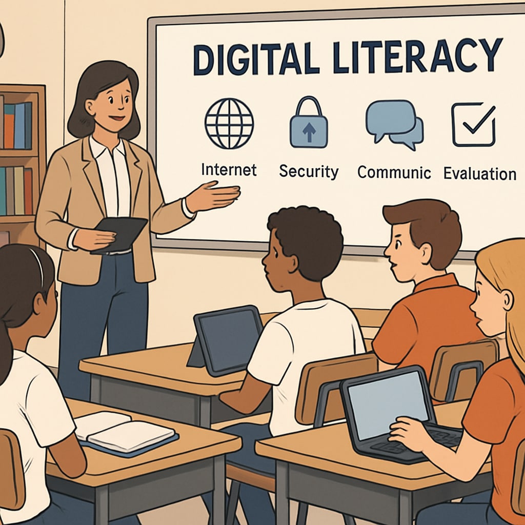 A classroom setting where a teacher explains digital literacy concepts to high school students. A teacher conducting a digital literacy class, promoting responsible internet use among teenagers.