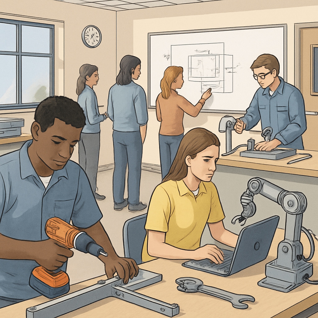 Vocational education classroom with technology and students engaged in practical learning.