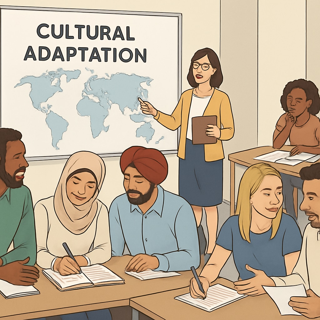 Adult learners in a classroom setting for cultural adaptation and foundational knowledge.