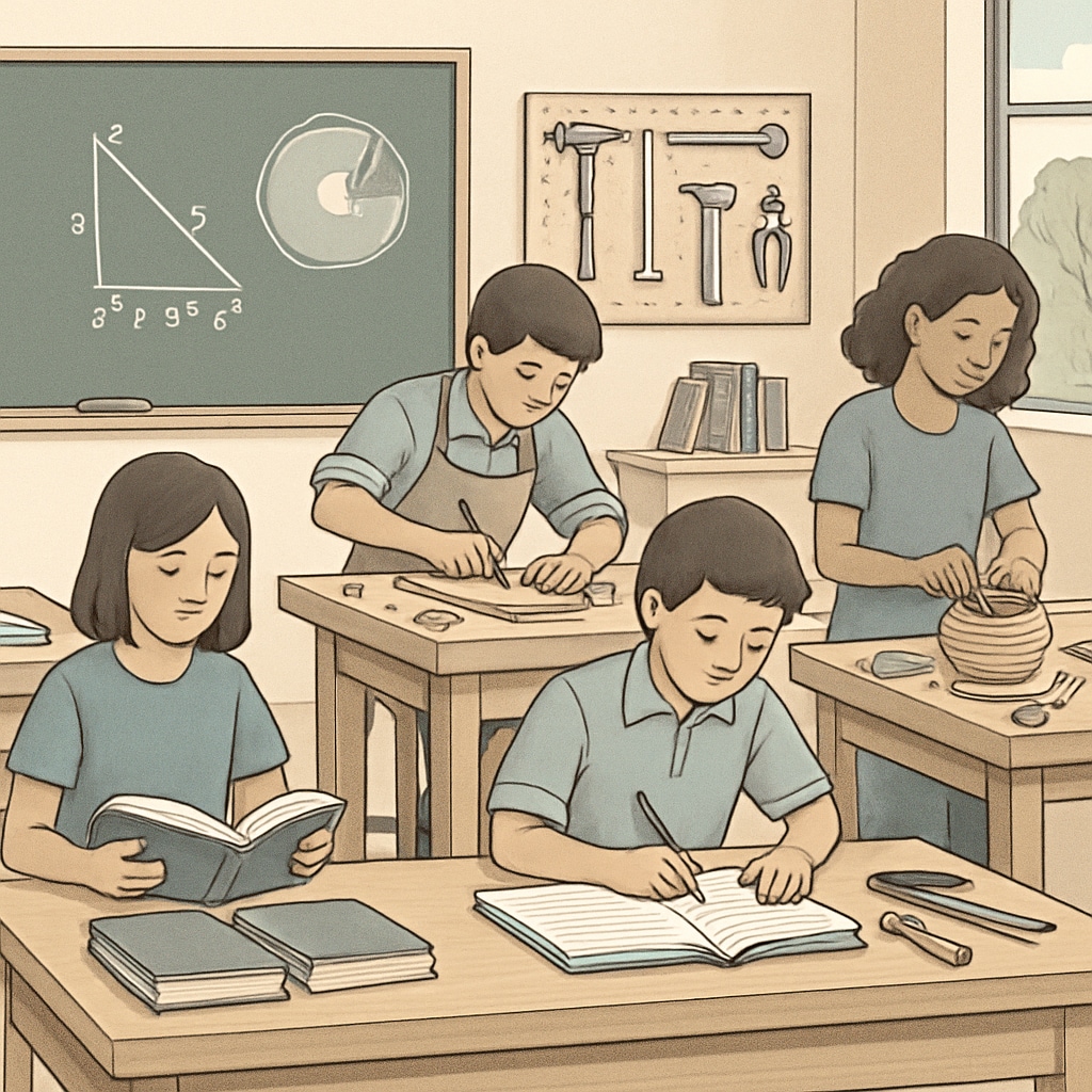 Hybrid curriculum in a classroom setting with students working on academic and vocational tasks.