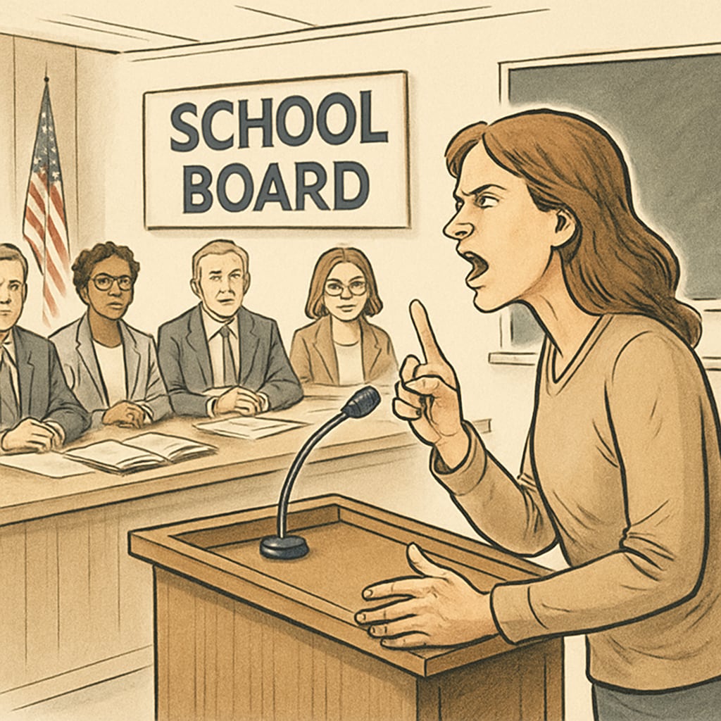 Parent advocating for school board reforms during a meeting.
