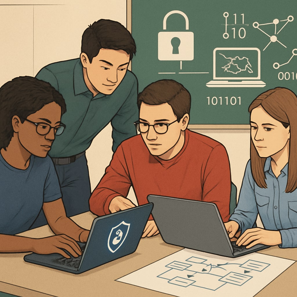 Cybersecurity students collaborating on a technical project.