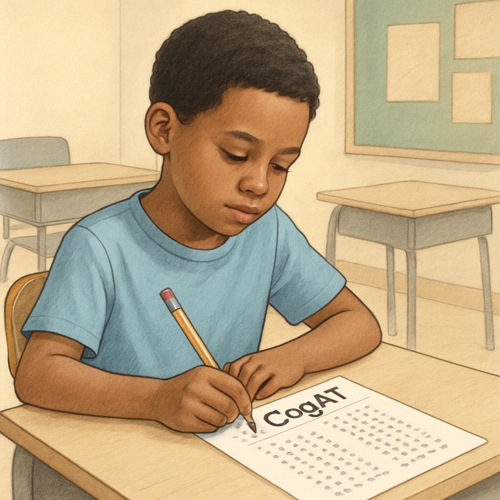 Child taking a standardized test for CogAT talent evaluation