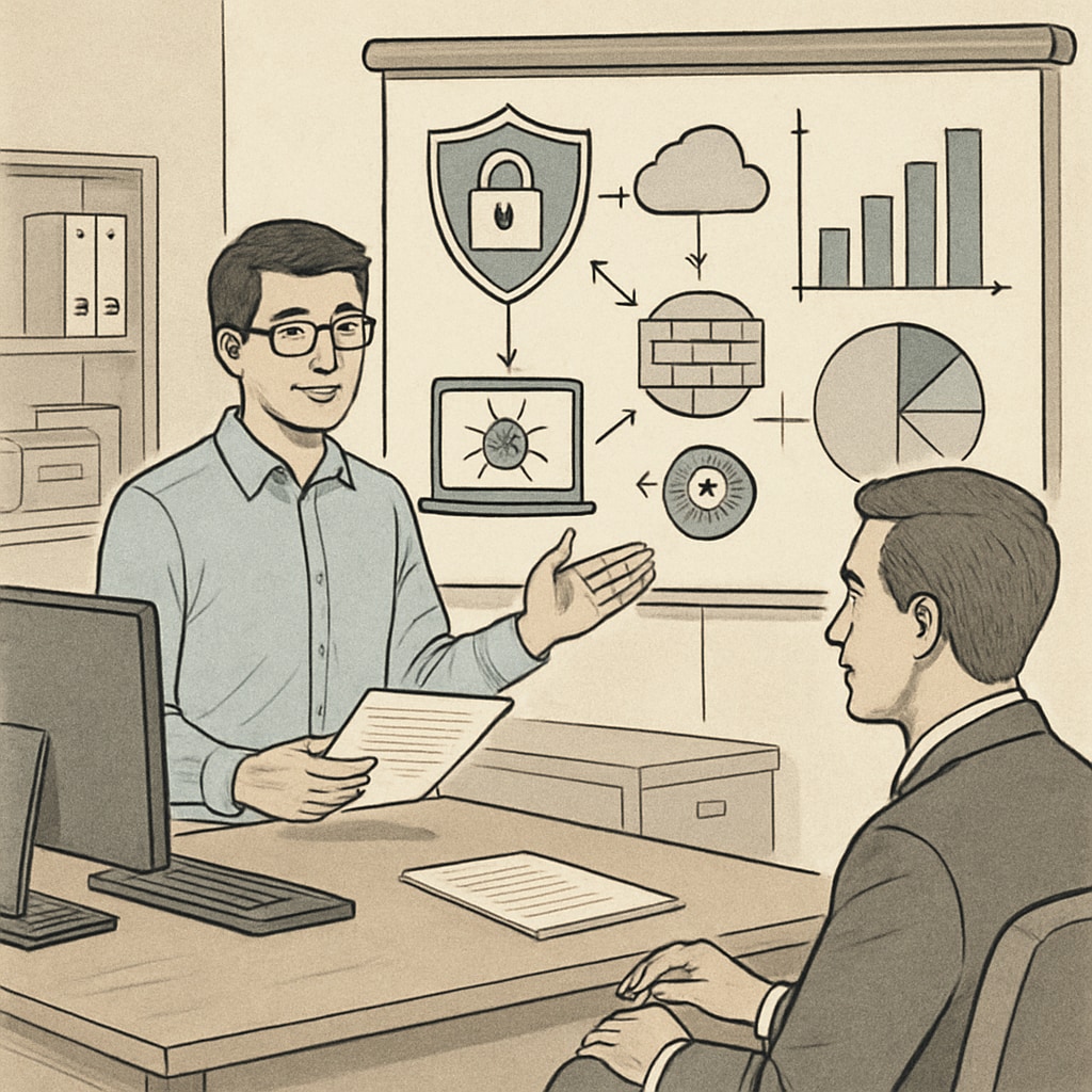 IT professional demonstrating cybersecurity skills during an interview.