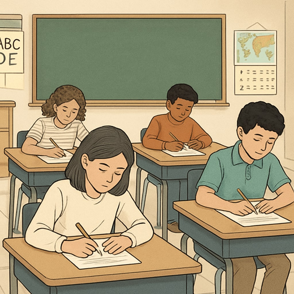 Students taking a standardized test, highlighting flaws in gifted classroom selection.