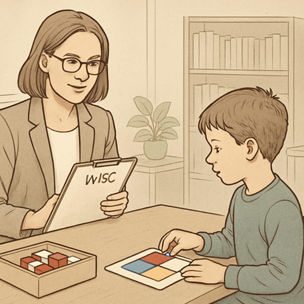 Professional giving a WISC test to a child to evaluate cognitive abilities