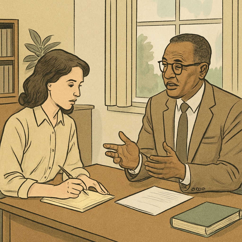 Graduate student interviewing a school counselor in a professional setting.