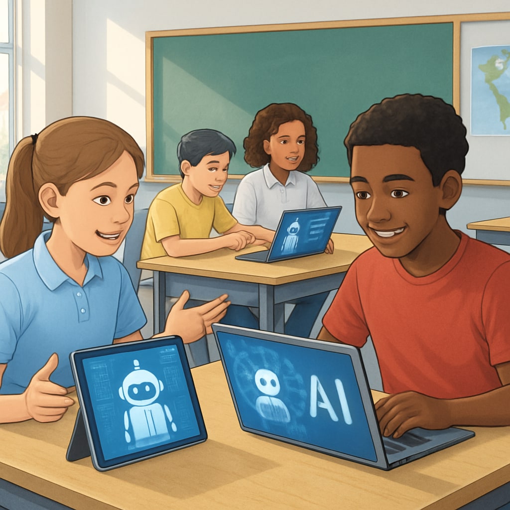 AI-enabled devices in a futuristic classroom, representing artificial intelligence education, education trends, 2030 education future.