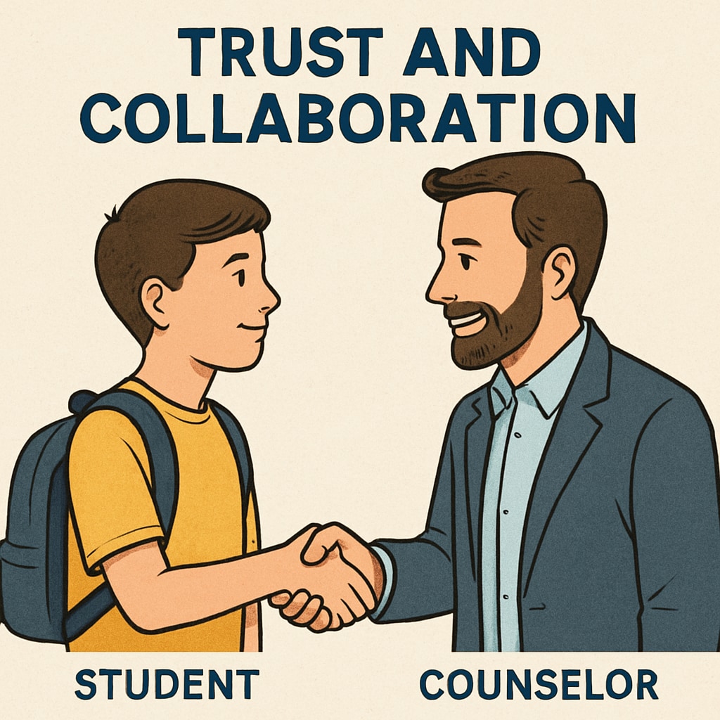 A graphic of a handshake between a student and a counselor, symbolizing collaboration.