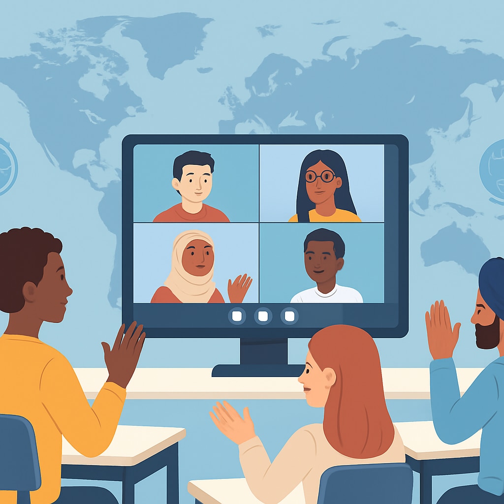 Virtual global classroom with diverse students, emphasizing education trends and globalization.