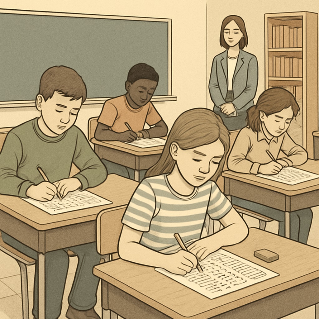 Classroom of students taking a standardized test for gifted program selection.