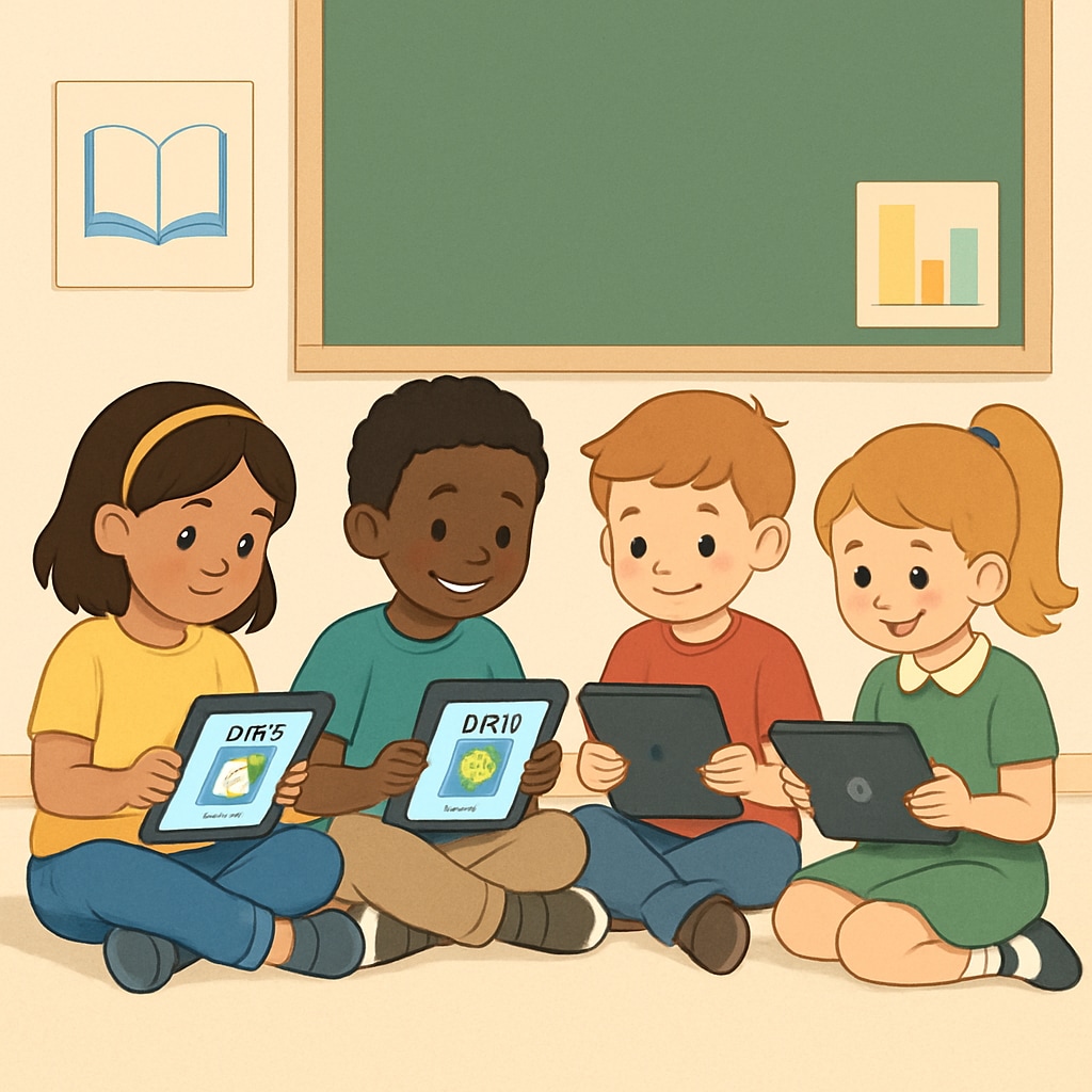 Children using a children's reading app on a tablet device.