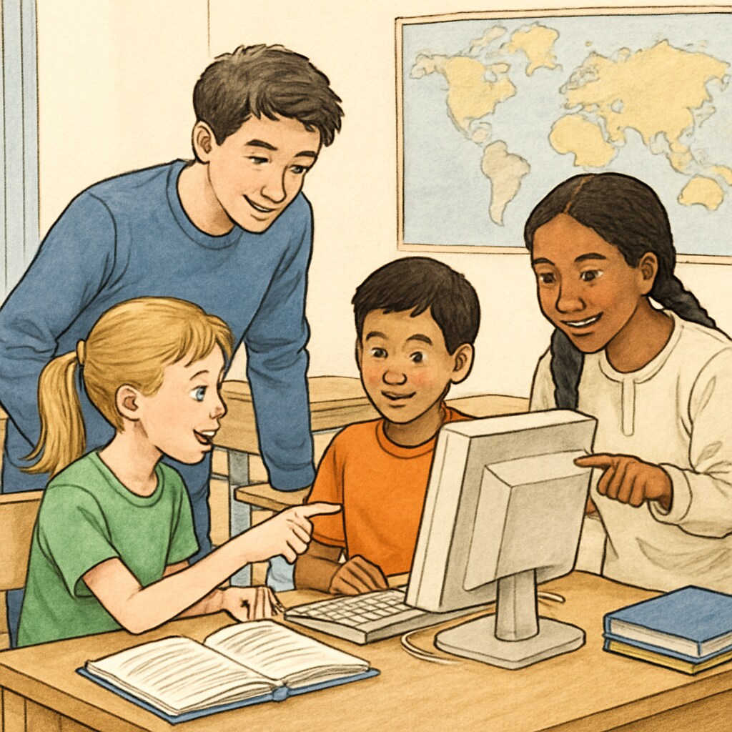 Kindergarten and fourth-grade students collaborate on a computer-based activity.