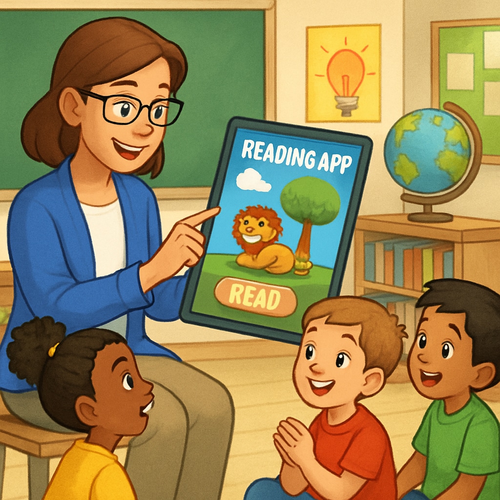 Teacher guiding students with a children's reading app in a classroom setting.