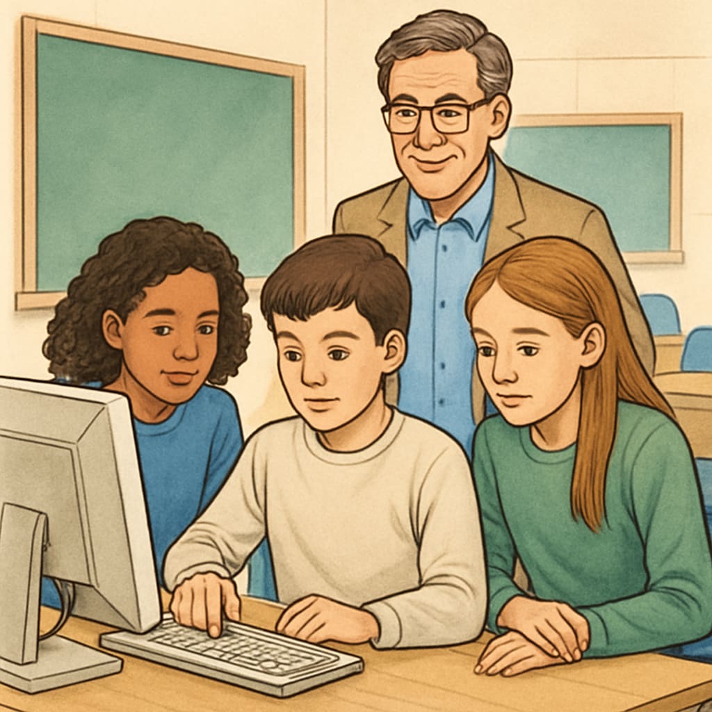 Cross-age student collaboration with computer activities in a classroom.