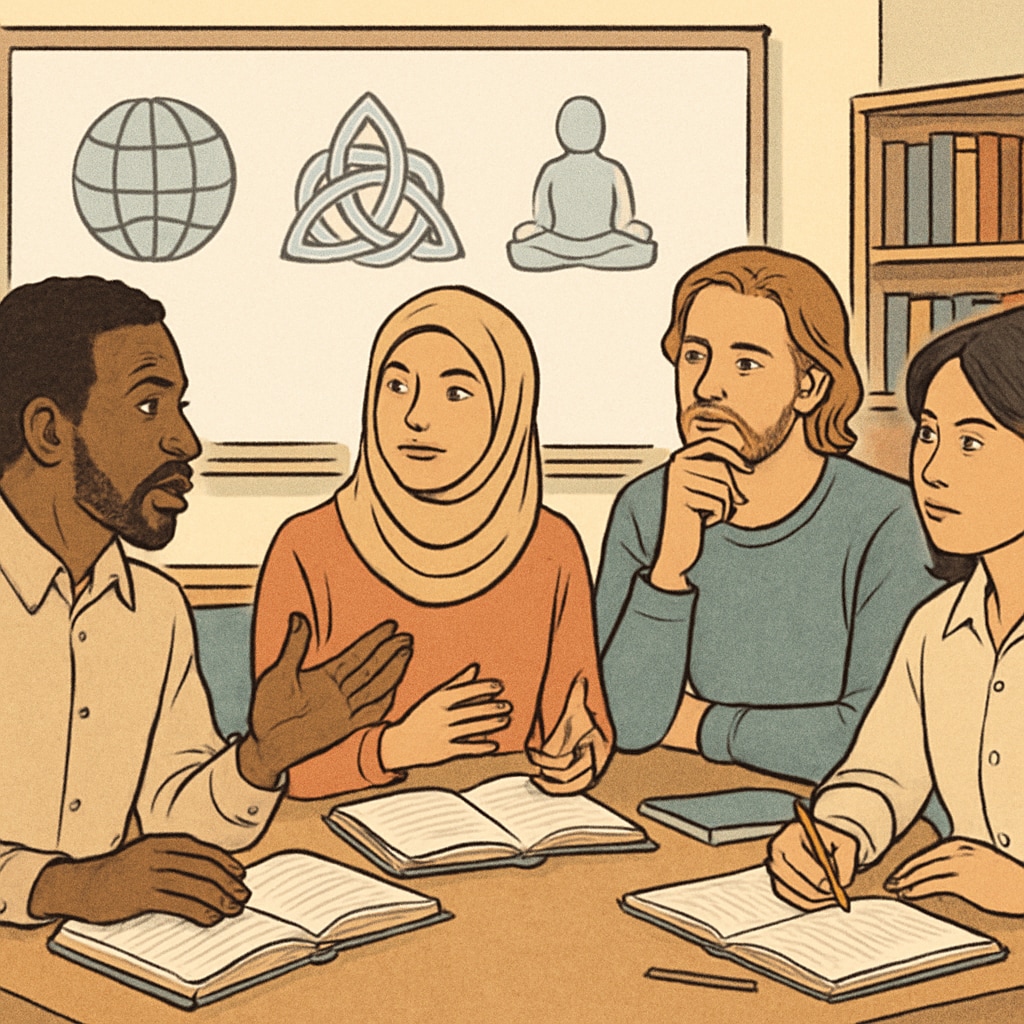 Diverse adult students discussing humanities and cultural adaptation in a classroom setting.