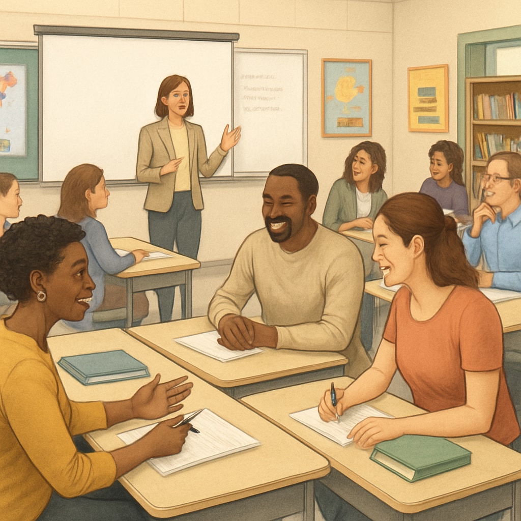 A U.S. classroom showcasing educators participating in a workshop, highlighting the benefits of U.S. master’s programs for teachers.