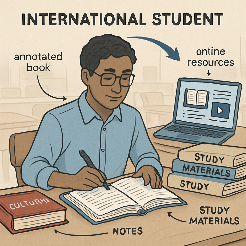 International student using books and online resources to learn humanities and adapt to a new culture.