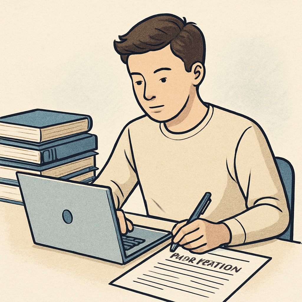 A student organizing documents for a U.S. master’s application, representing the preparation process for K12 educators.