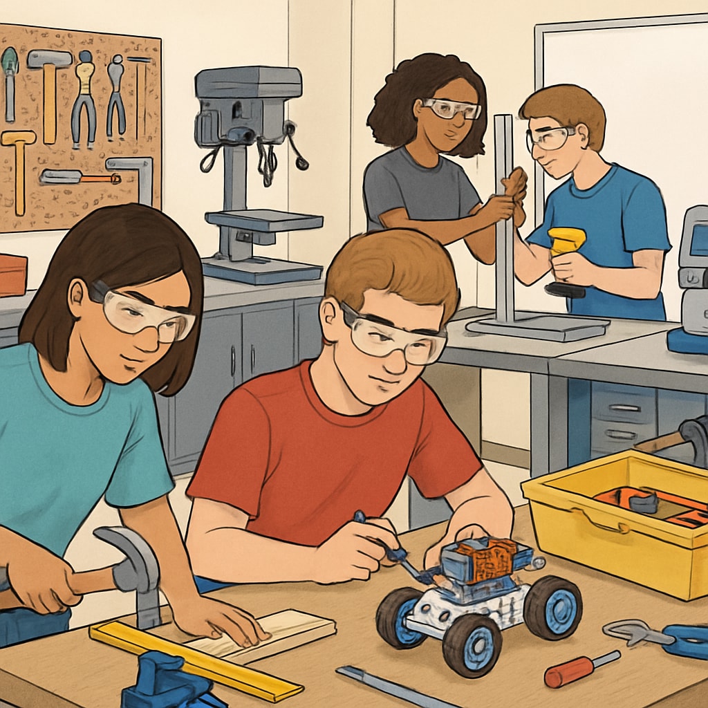 Students in a workshop collaborating on engineering projects as part of CTE programs.