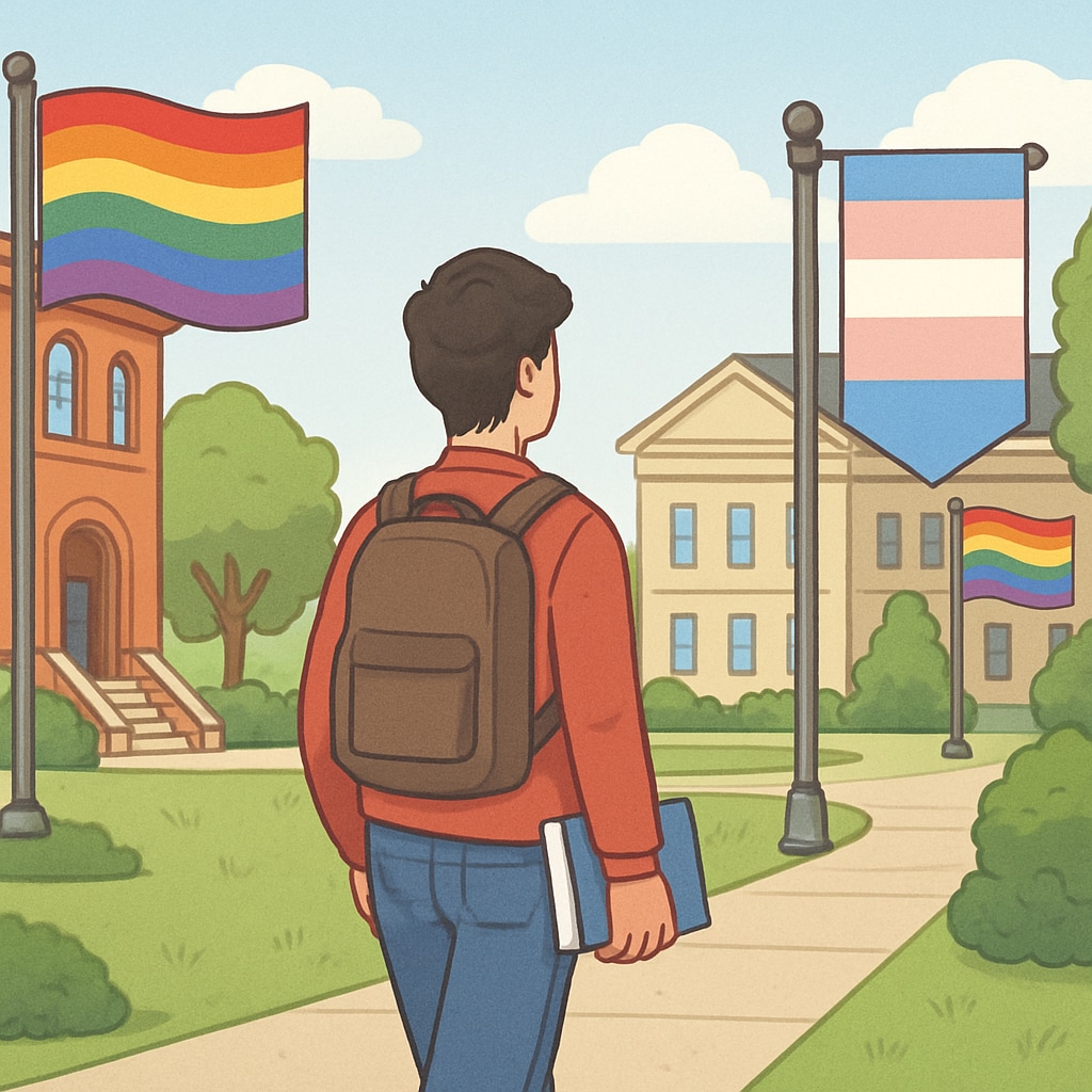 University campus with LGBTQ+ pride flags supporting transgender students.