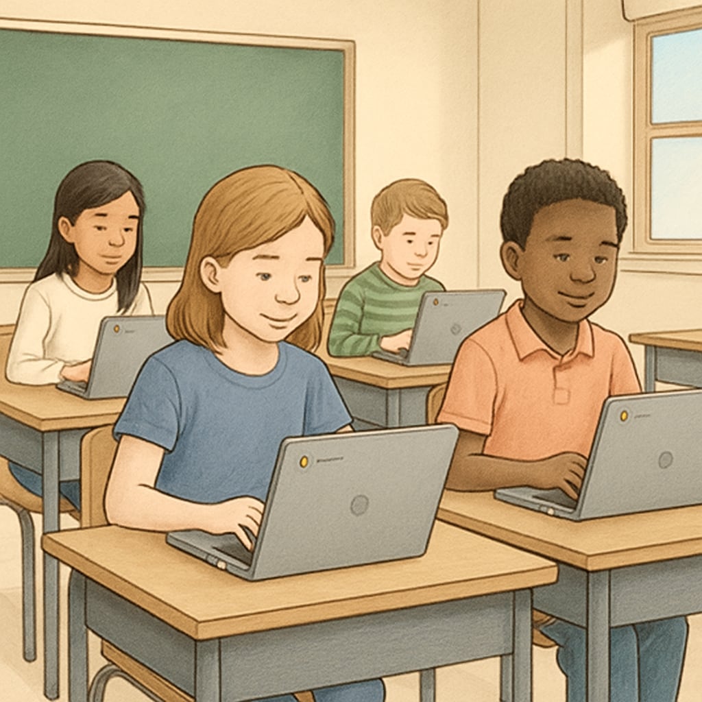 Students using Chromebooks in a classroom, showcasing EdTech efficiency.