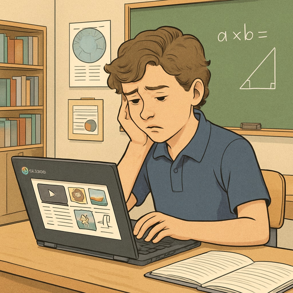 A student distracted while using a Chromebook, hinting at EdTech challenges.