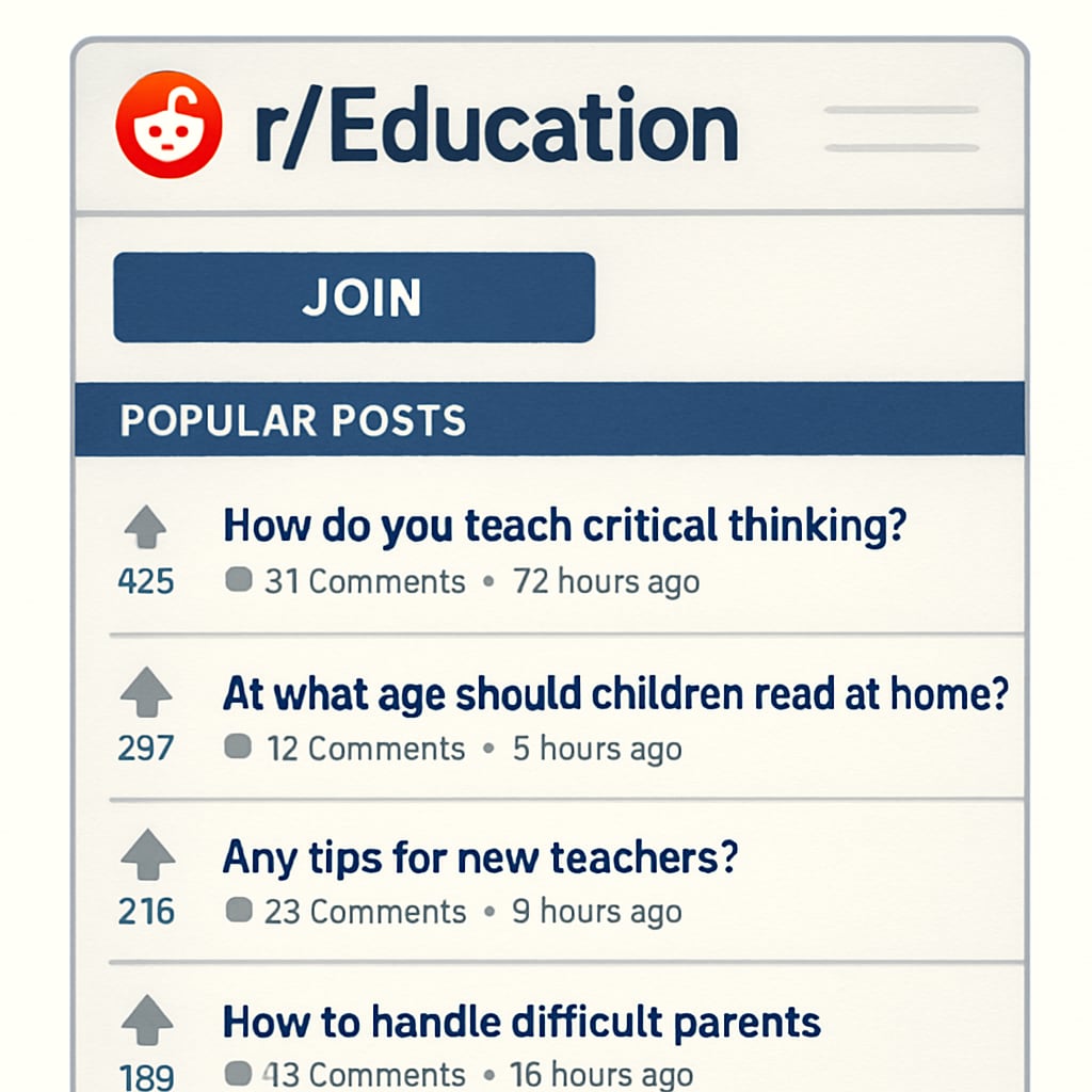 Screenshot showcasing the r/Education subreddit, highlighting K12 discussions and resources.