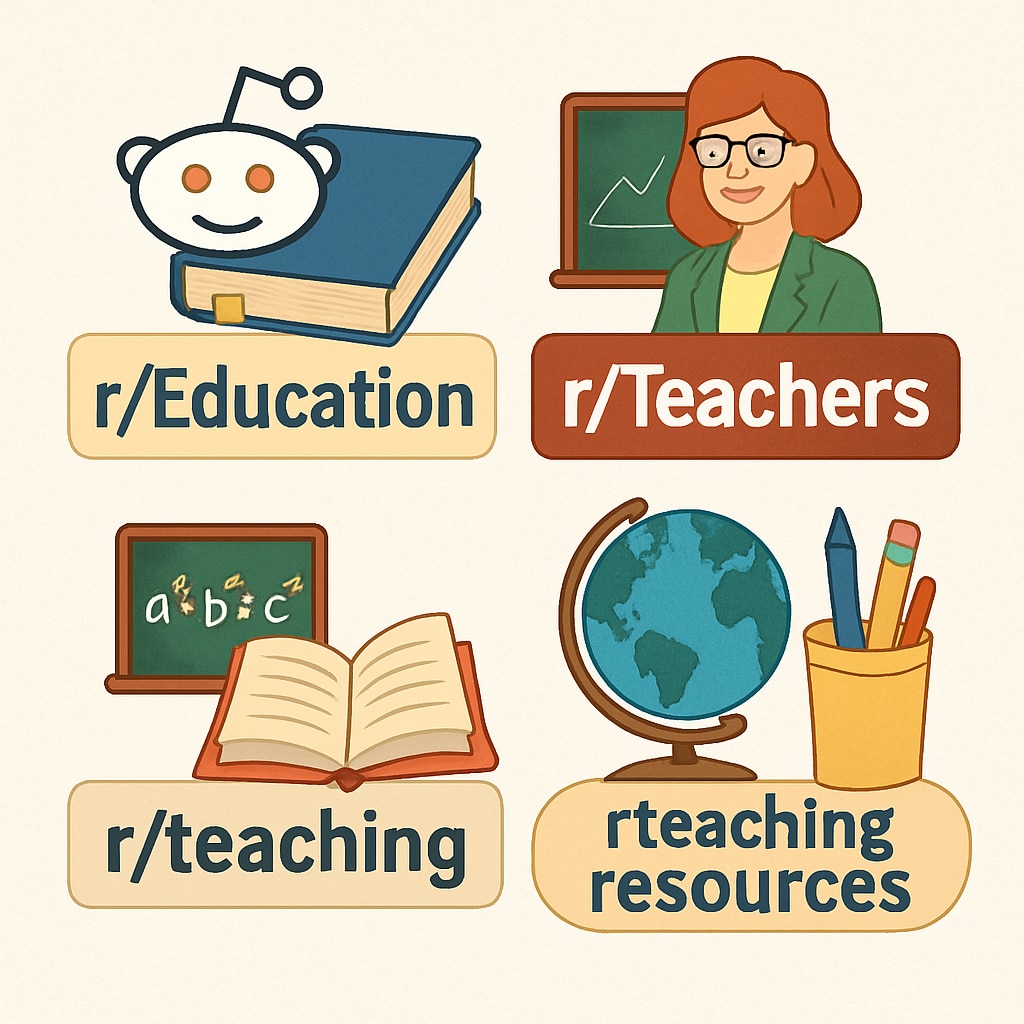 Collage of subreddit logos like r/Education and r/Teachers, emphasizing Reddit’s diverse education network.