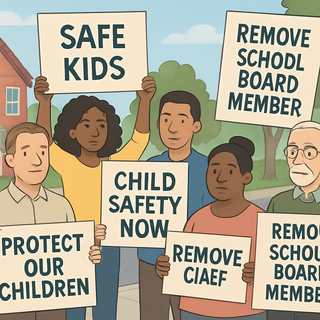 Community protest advocating for child safety and removal of a school board member.