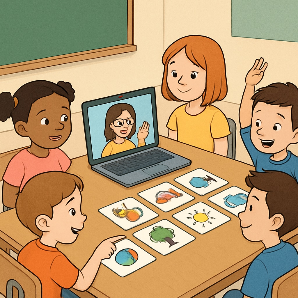 Students interacting with Zoom activity materials in a classroom setup.
