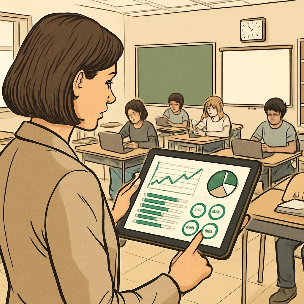 Teacher monitoring student progress using a tablet in real-time, emphasizing the role of technology in education.