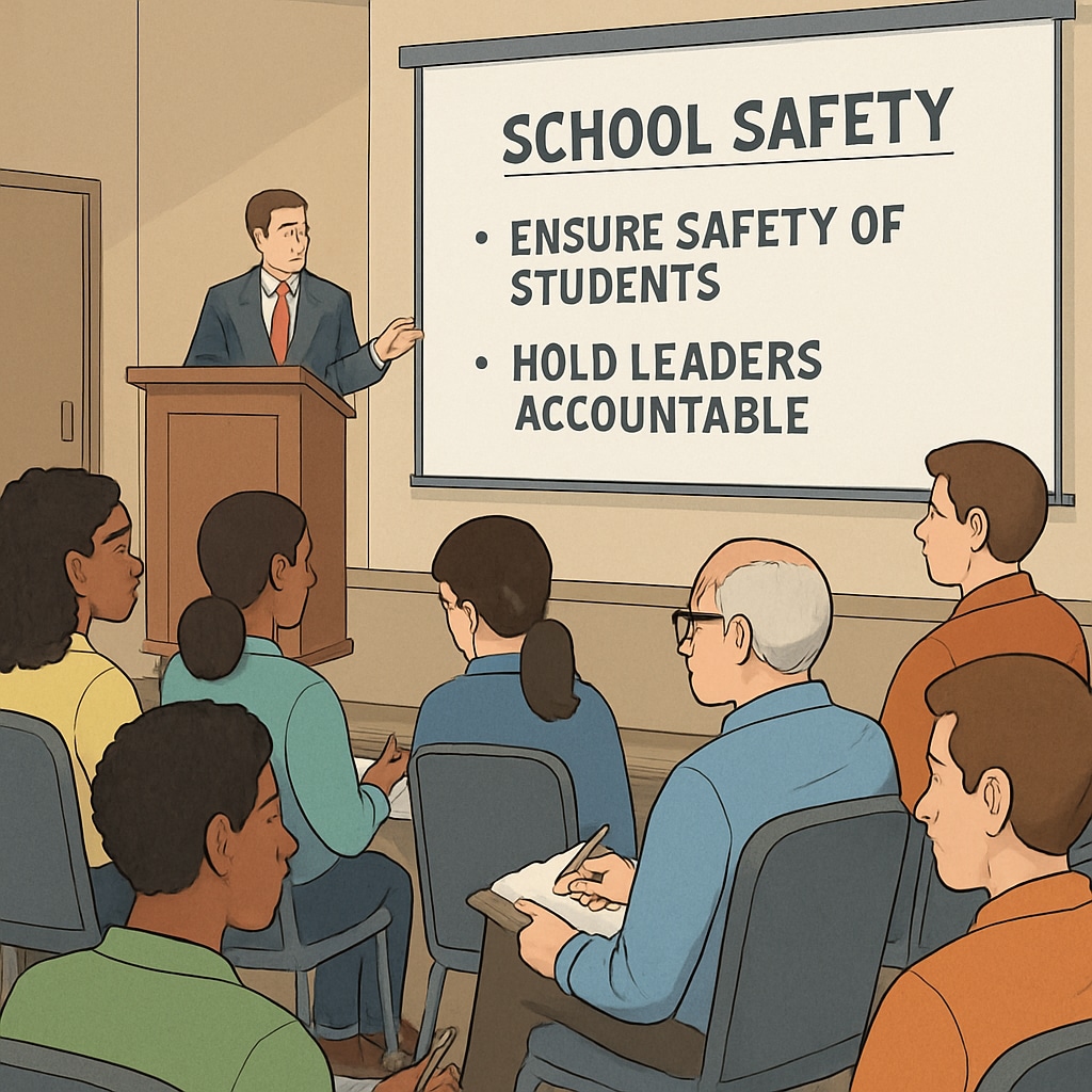 Town hall meeting discussing strategies for school safety and accountability.