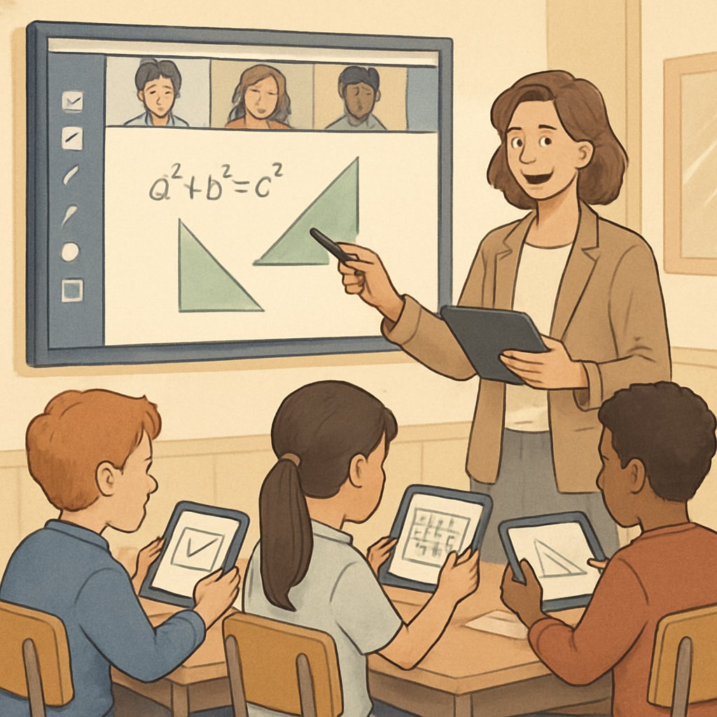 Teacher guiding students in a Zoom activity using digital tools.