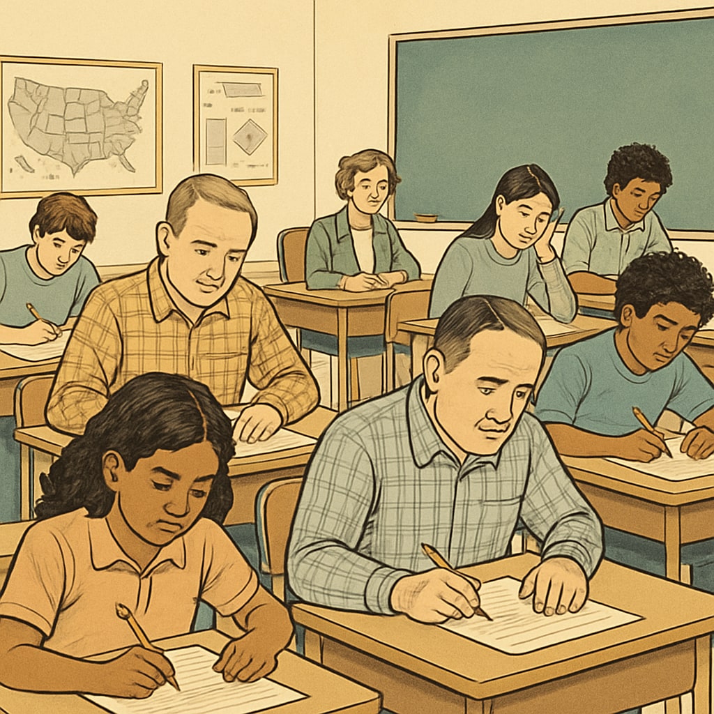 Students taking a standardized test in a classroom setting, representing diverse learning needs.