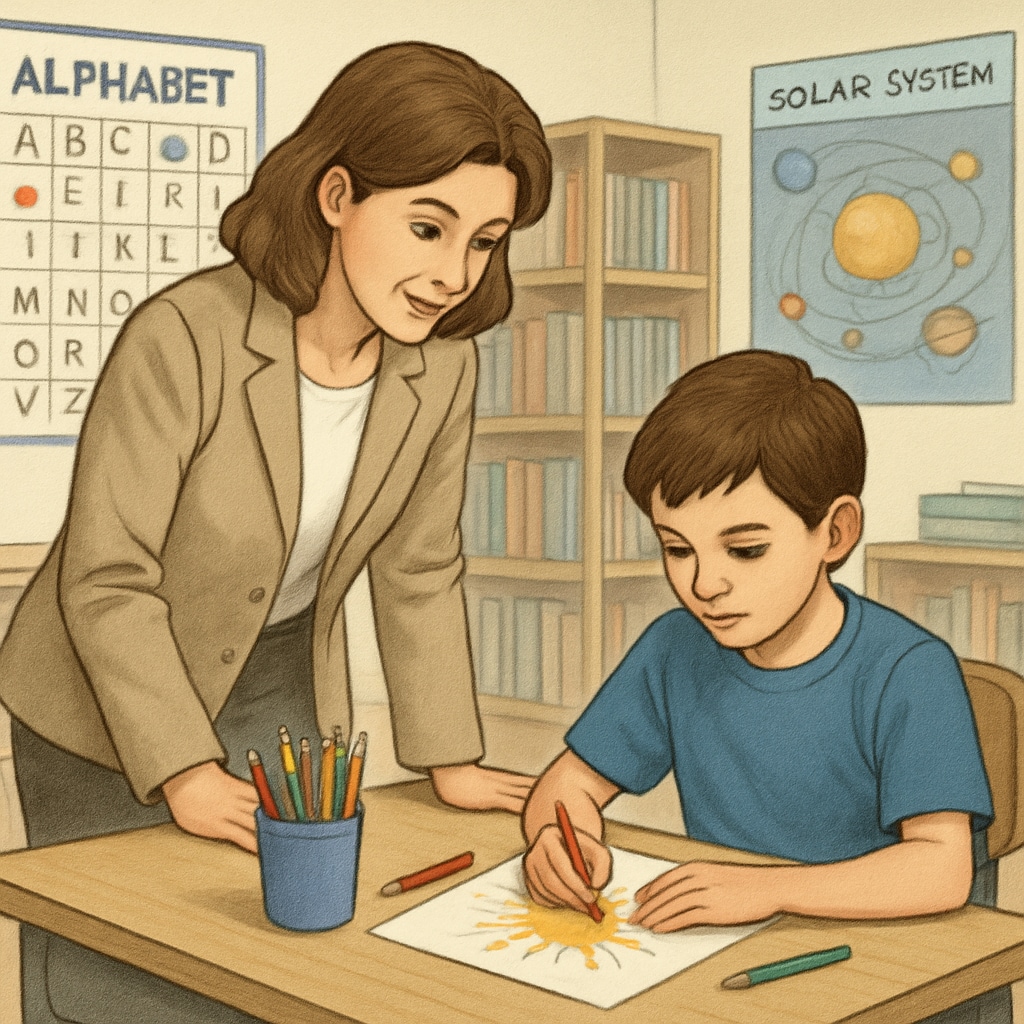 A teacher observing a student in a classroom, illustrating alternative assessment methods.