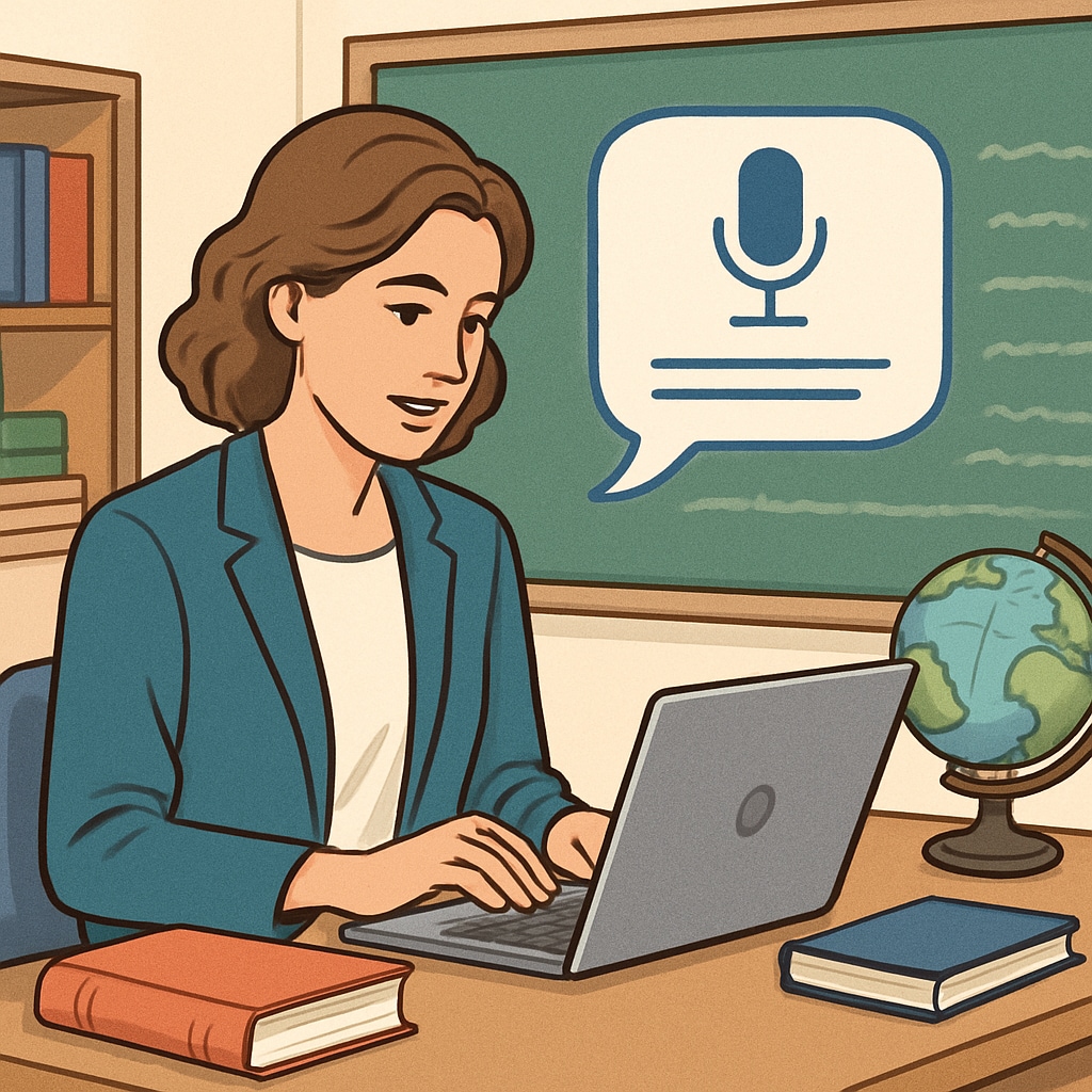 Teacher using WillowVoice for speech-to-text transcription in a classroom.