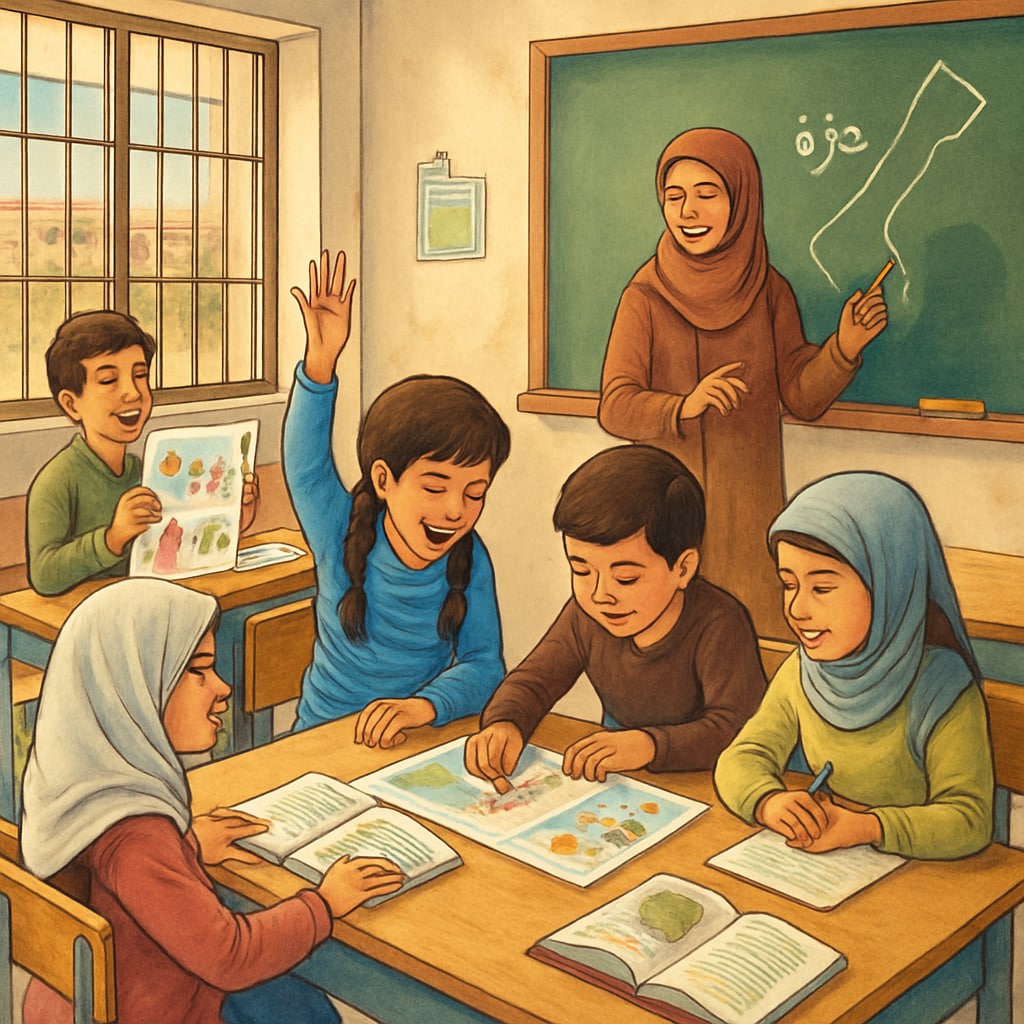 Students in a Gaza classroom engaged in interactive learning, promoting inclusivity and peace education.