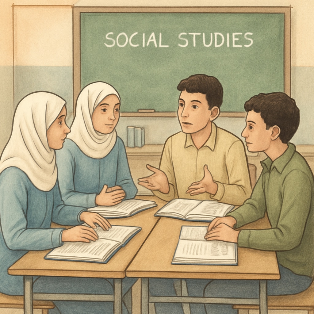 Gaza students discussing in a social studies class, focusing on peace education and collaboration.