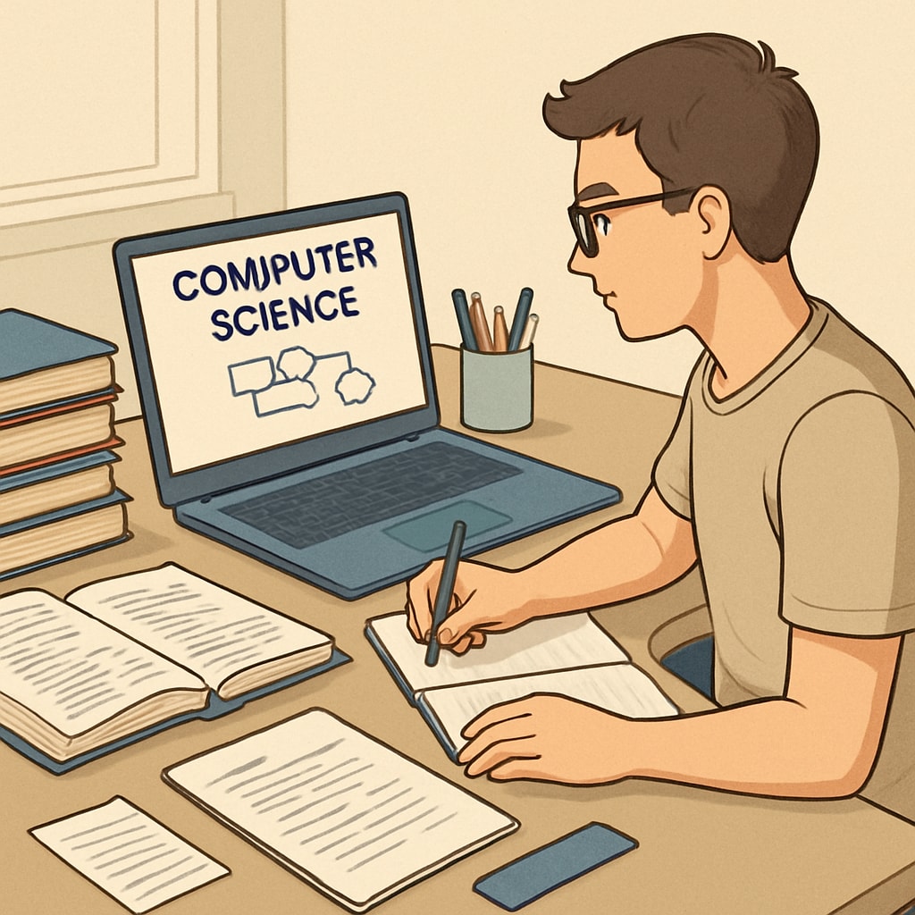 Student studying online computer science master's degree for career growth.