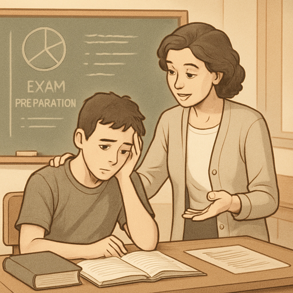 Teacher supporting a student dealing with math exam stress.