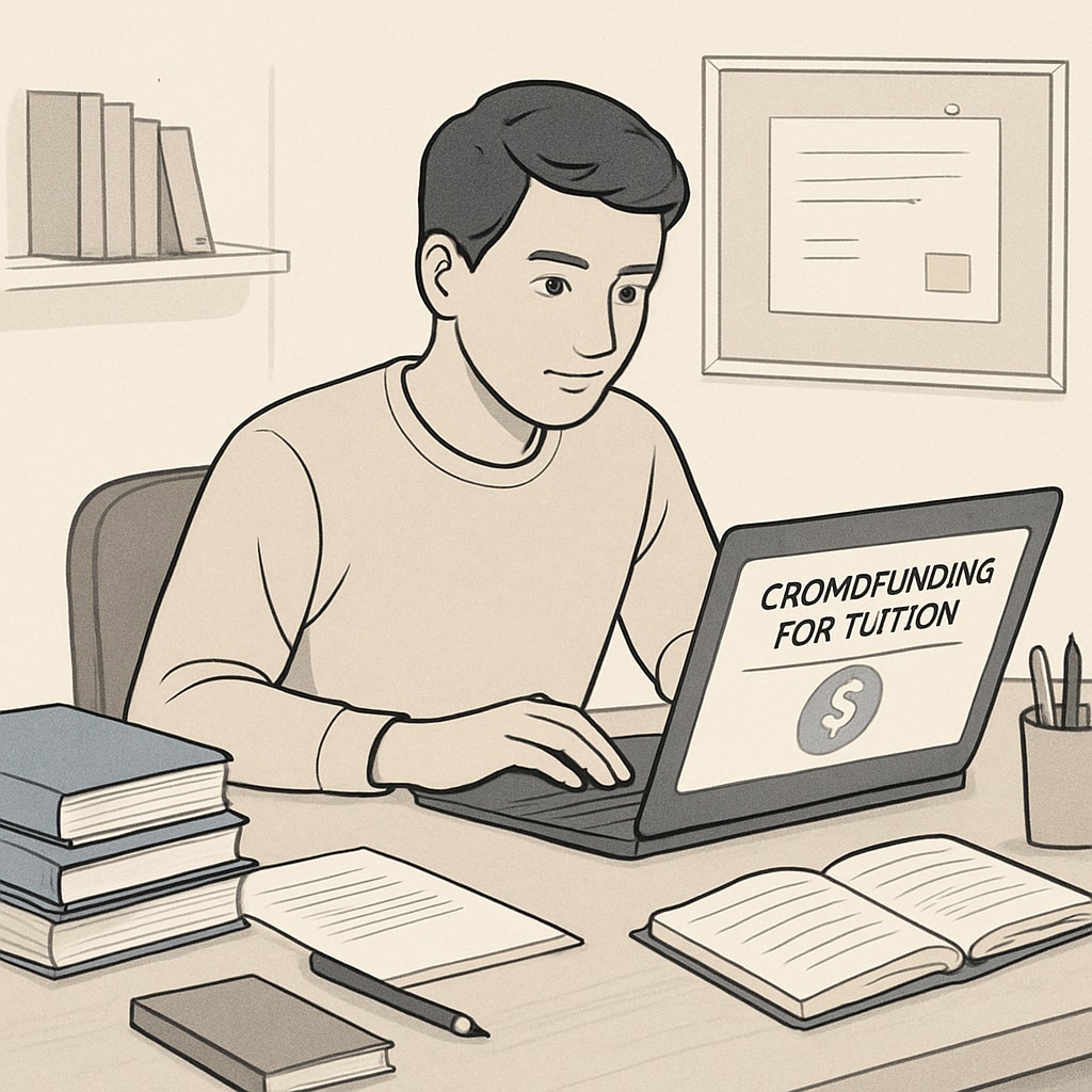 Student creating a crowdfunding campaign for tuition at a desk.