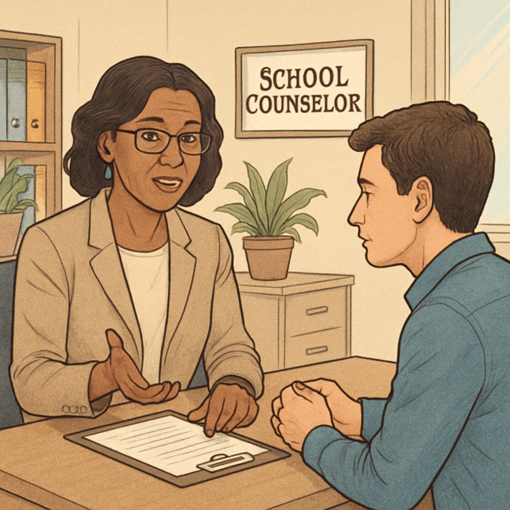School counselor in a professional setting discussing student-related topics.