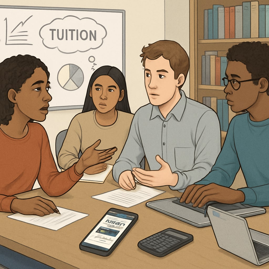 Students discussing tuition challenges and crowdfunding solutions.