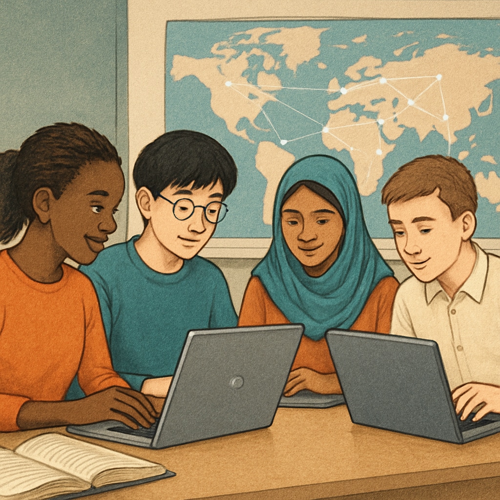 International students using laptops for online education, emphasizing global accessibility.