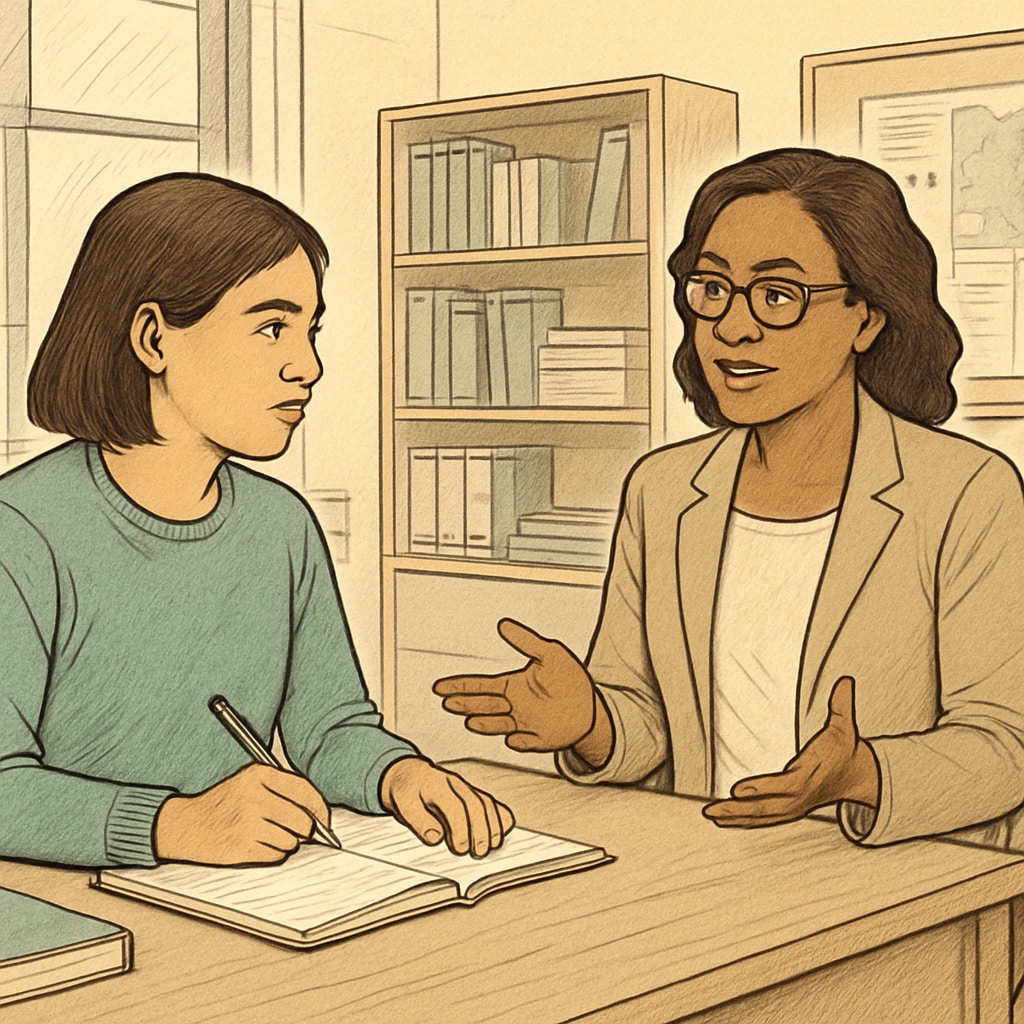 Graduate student interviewing a school counselor and taking detailed notes.