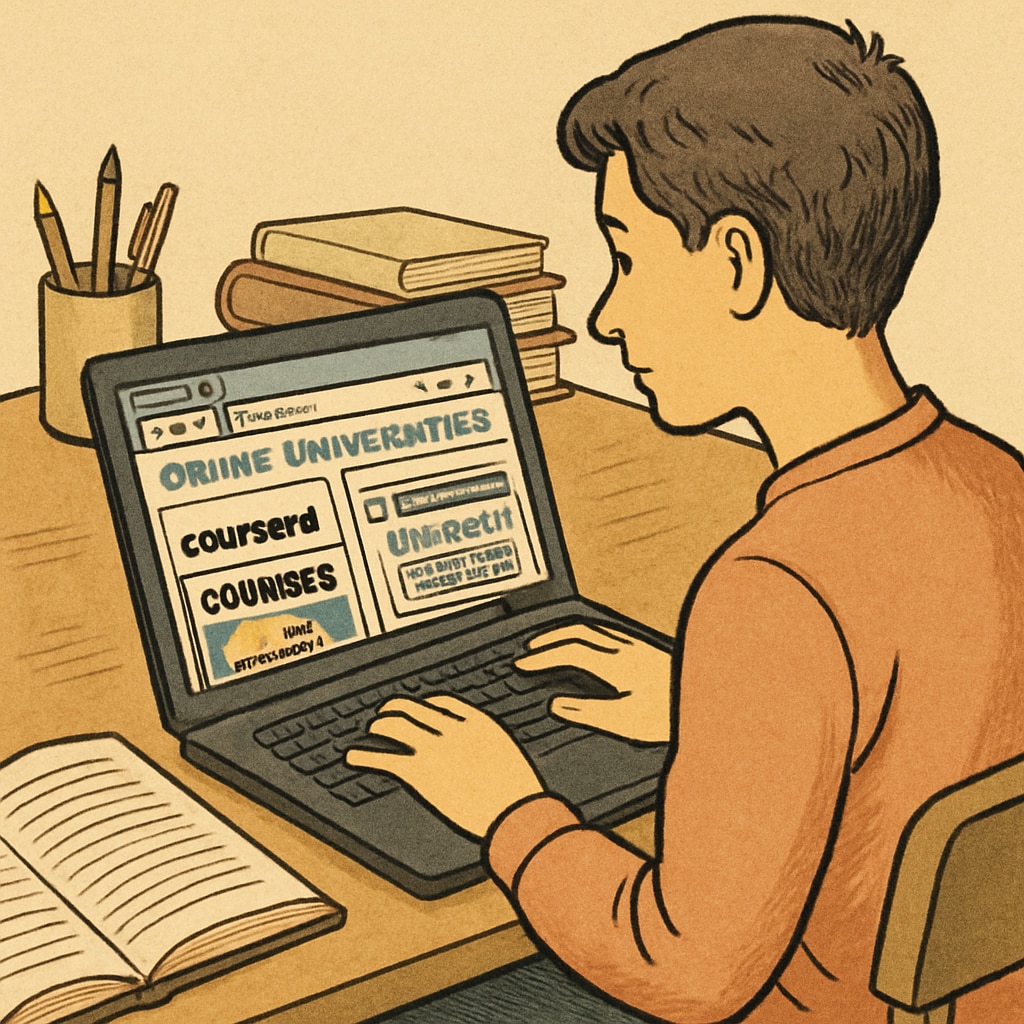 A student exploring online university options using platforms like Coursera and edX.
