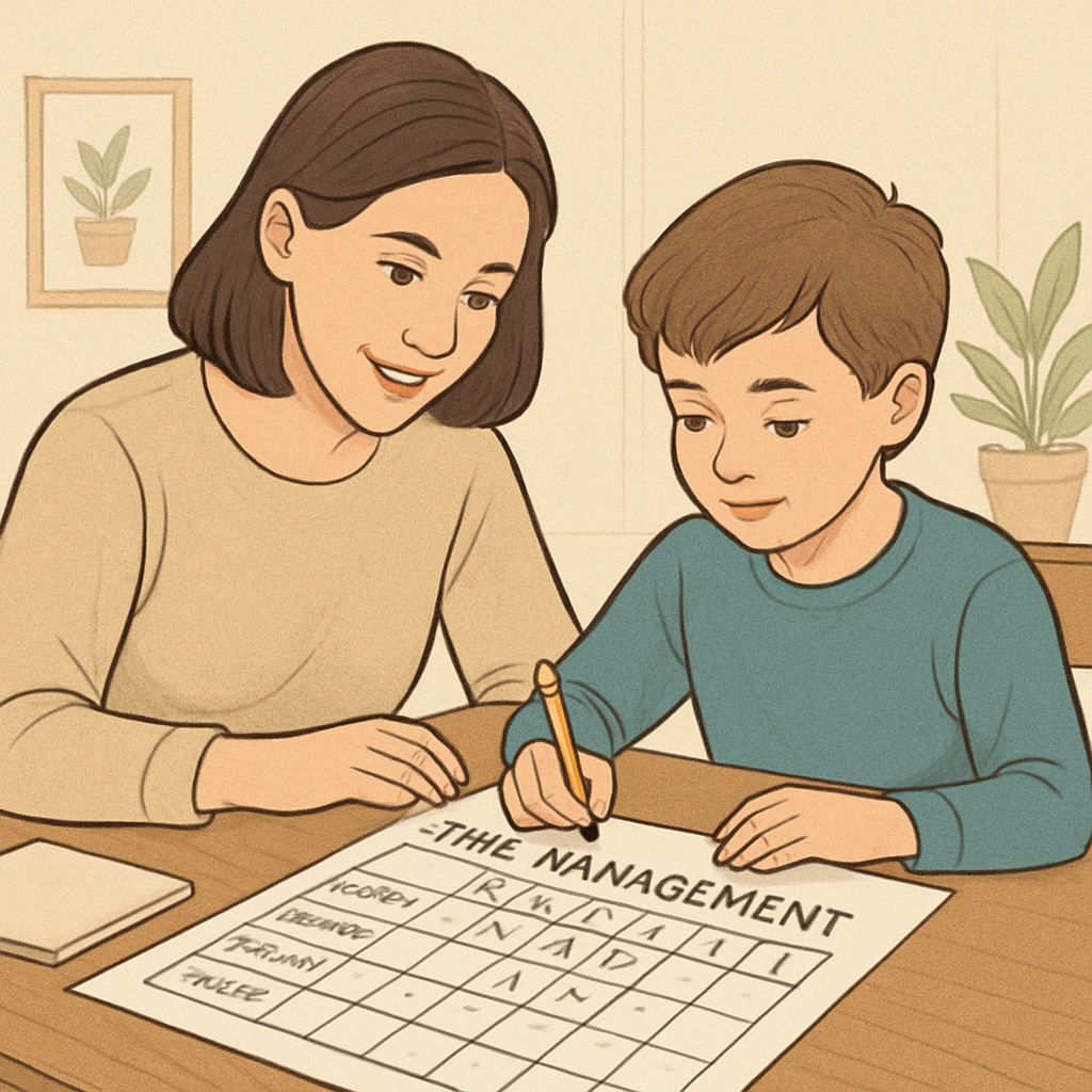 Parent and child creating a time management chart for better executive function.