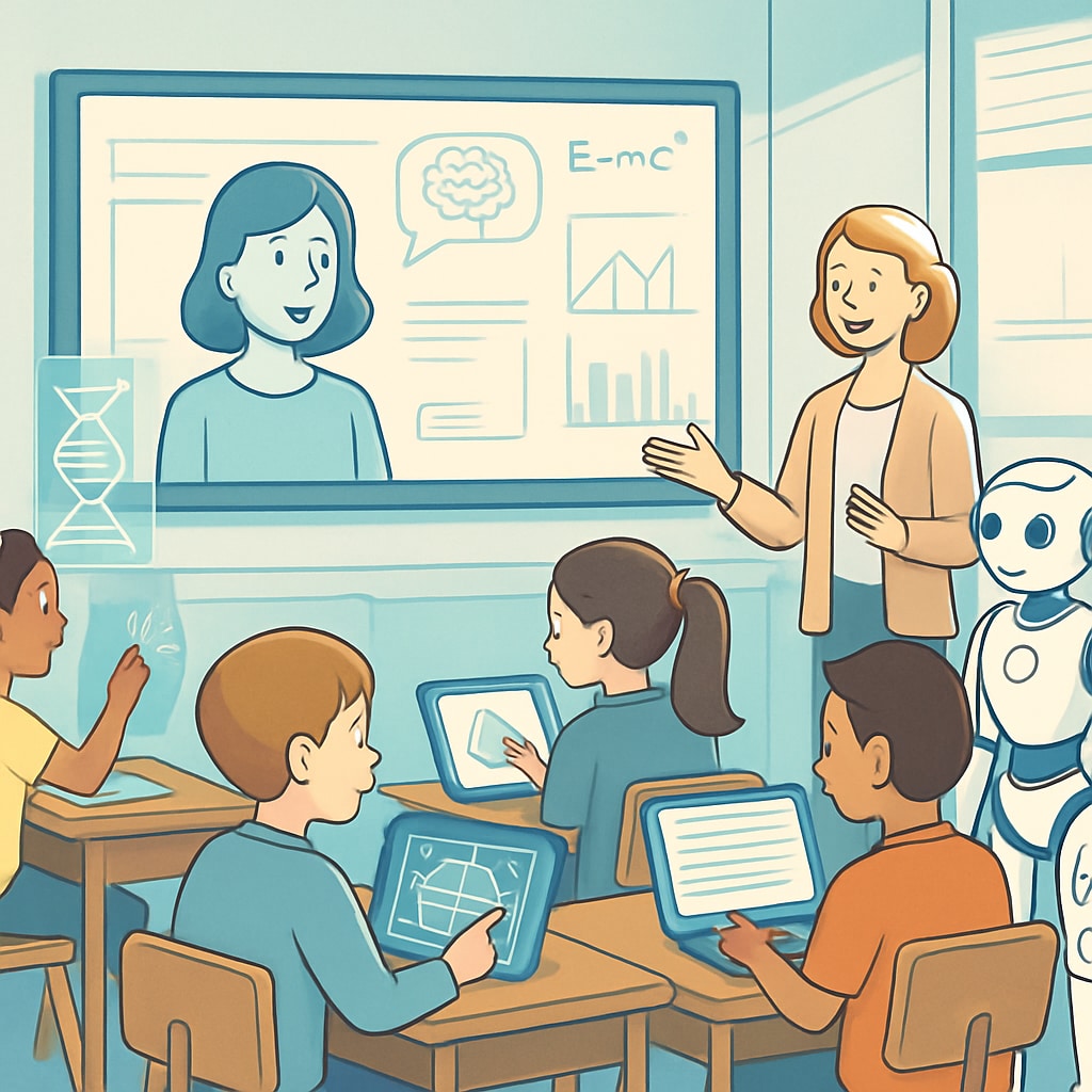 Students using AI-driven tools in a classroom, representing the impact of artificial intelligence on education.