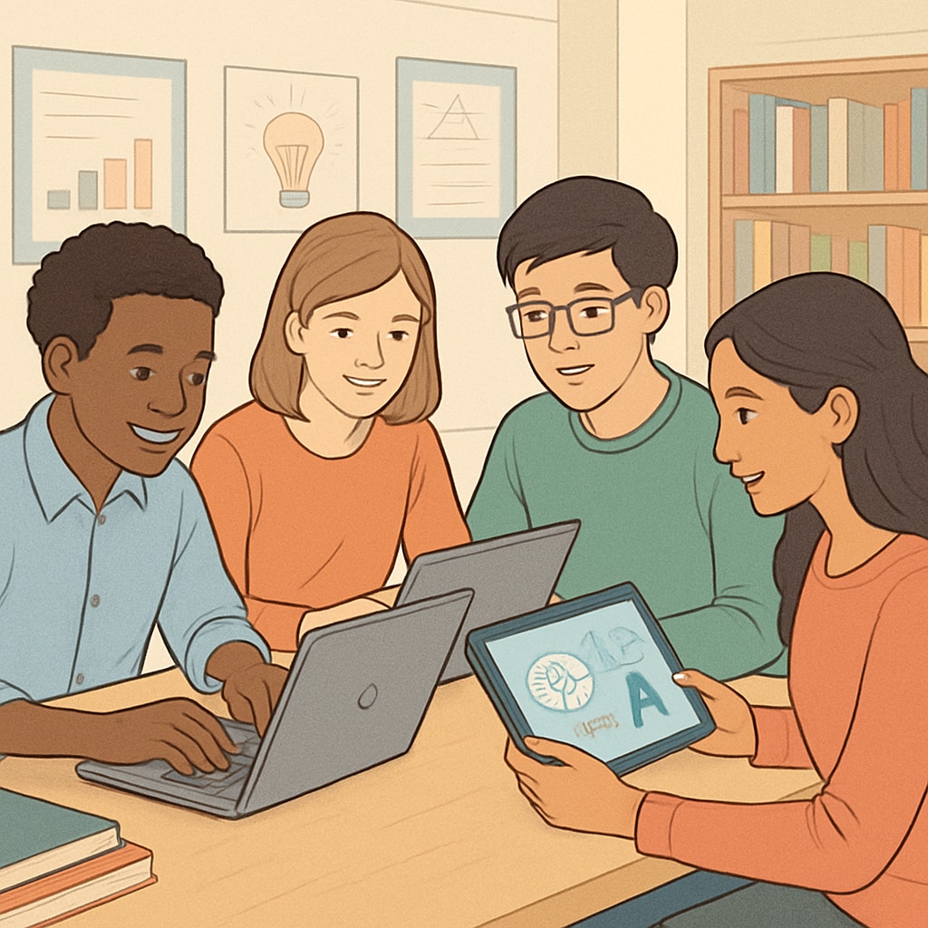 Students collaborating with AI tools, showcasing teamwork and innovation in education.